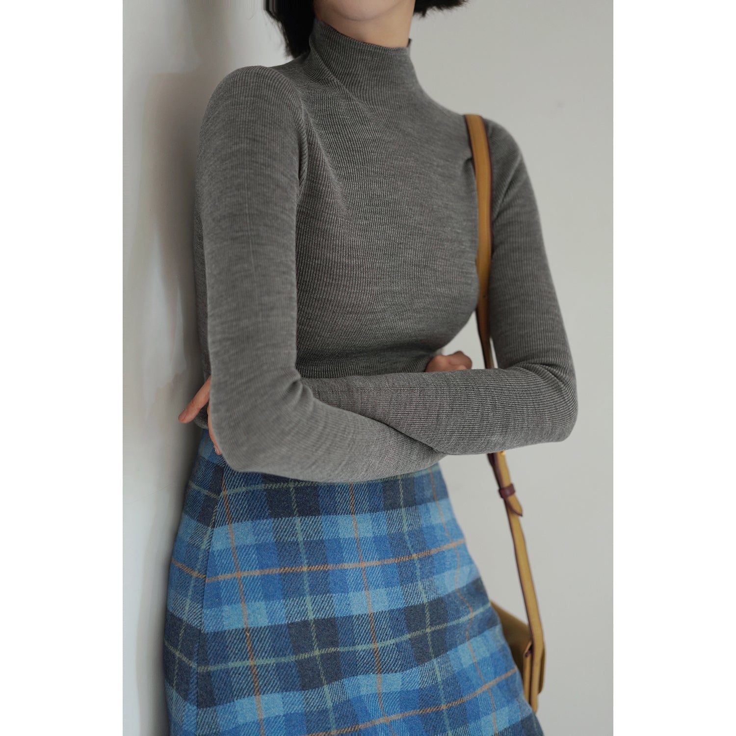 Blue indigo plaid wool tight skirt