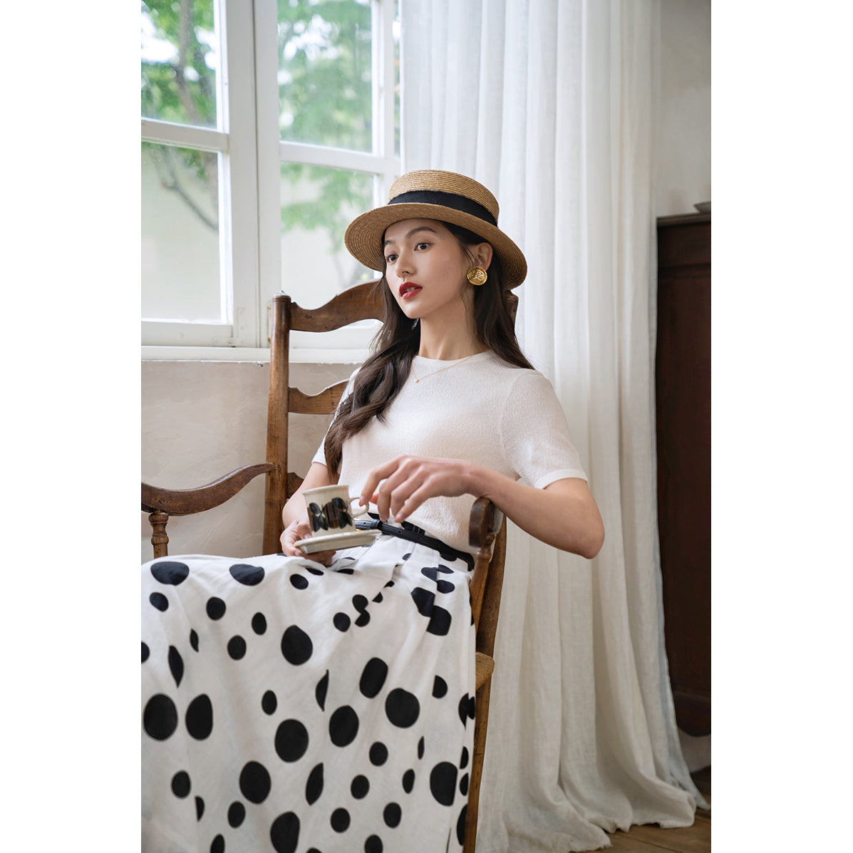 Black and white polka dot long skirt