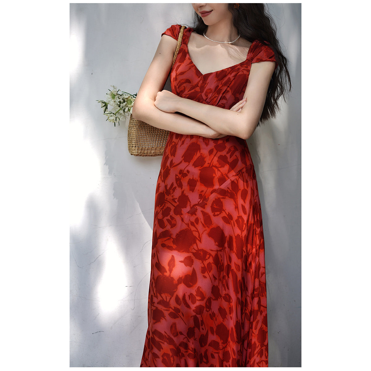 Crimson rose flower shadow dress