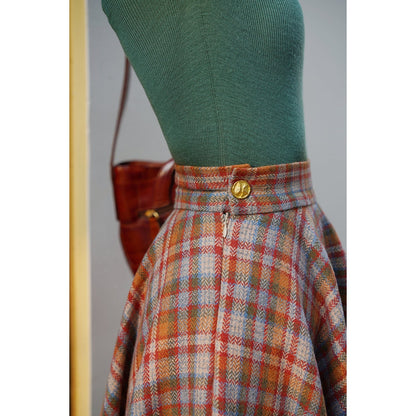 orange green plaid flare skirt