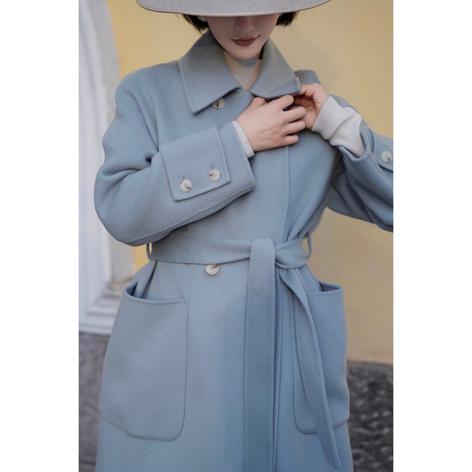 Sky blue classical belt wool coat