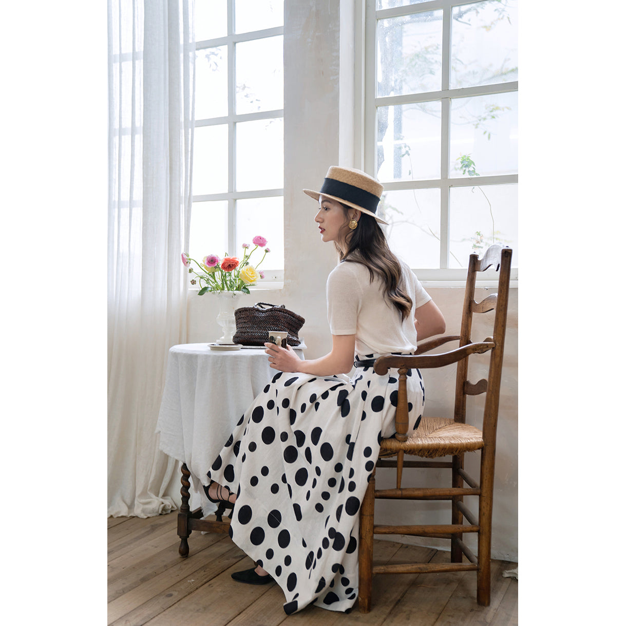 Black and white polka dot long skirt