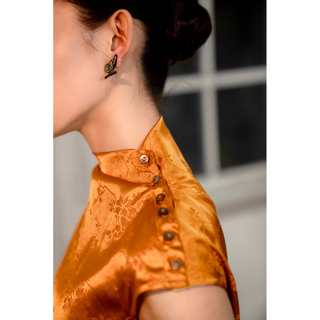 amber high collar jacquard satin cheongsam slim dress