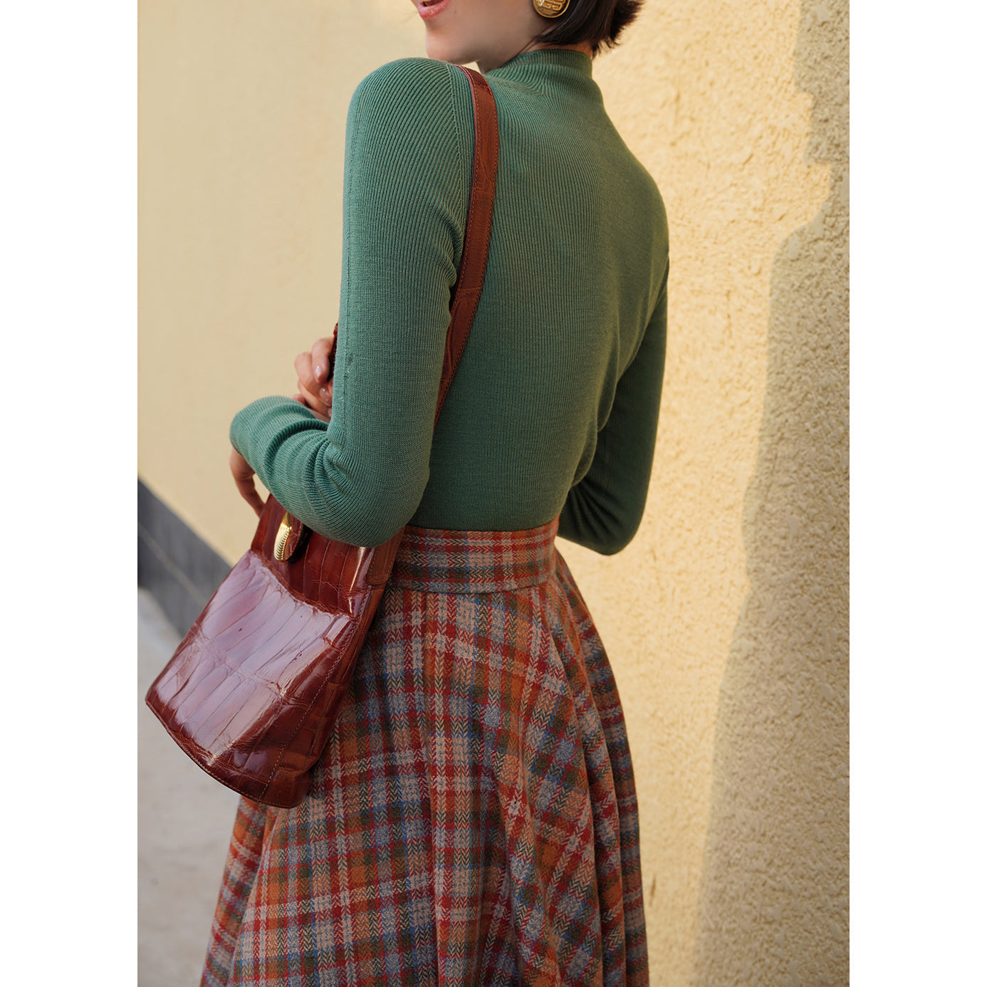 orange green plaid flare skirt