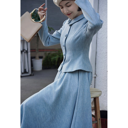 Light blue classic tweed jacket and tweed skirt