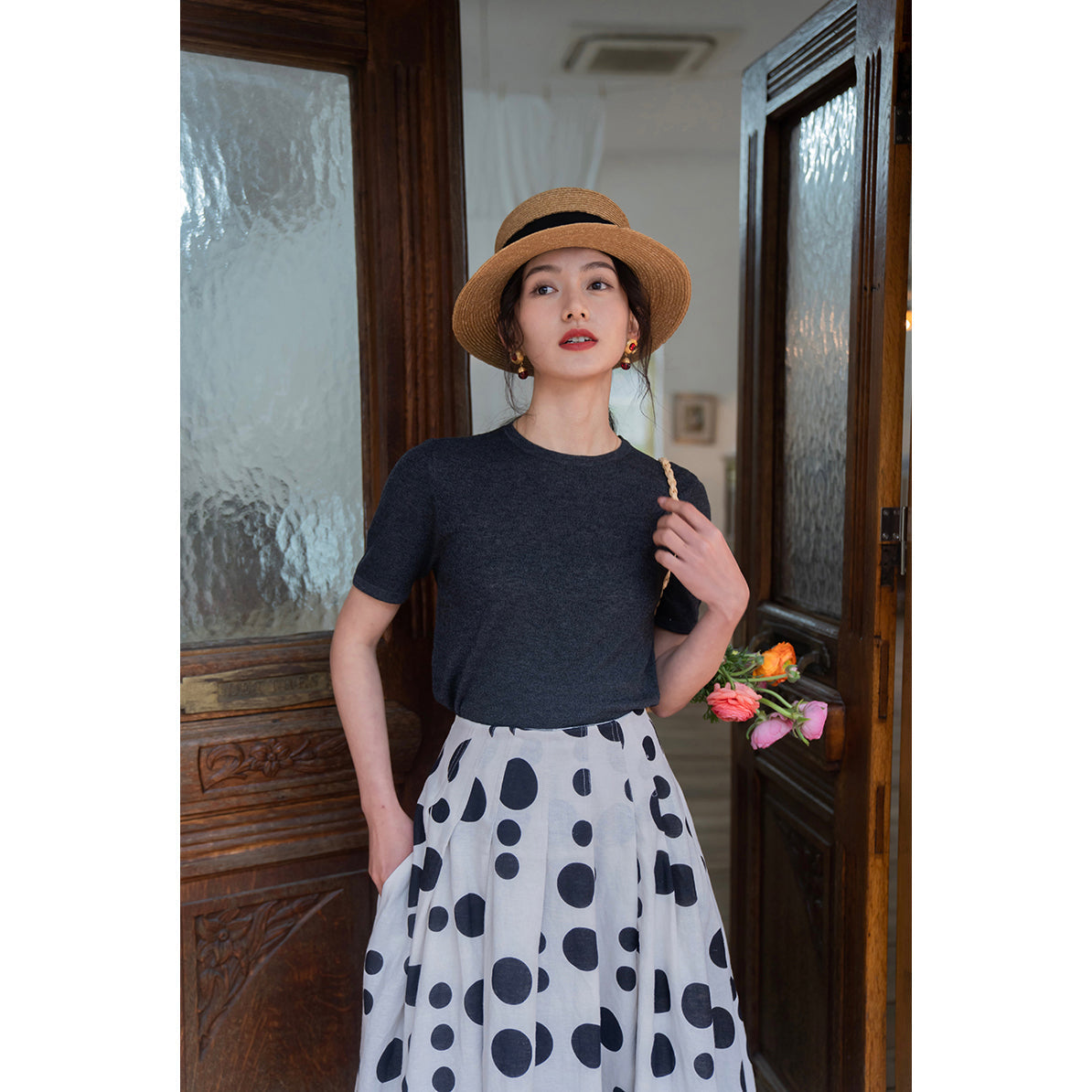 Black and white polka dot long skirt