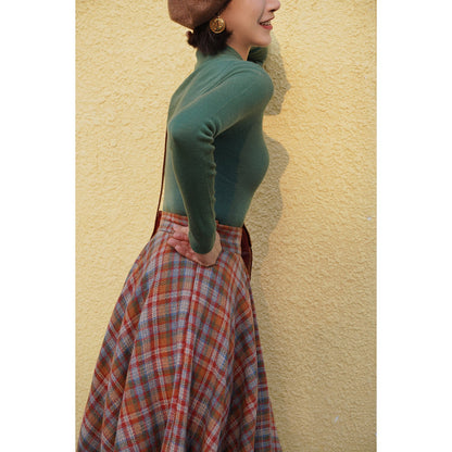 orange green plaid flare skirt