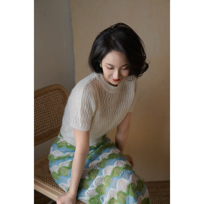 Geometric pattern mohair straight skirt