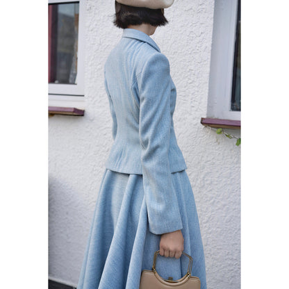 Light blue classic tweed jacket and tweed skirt