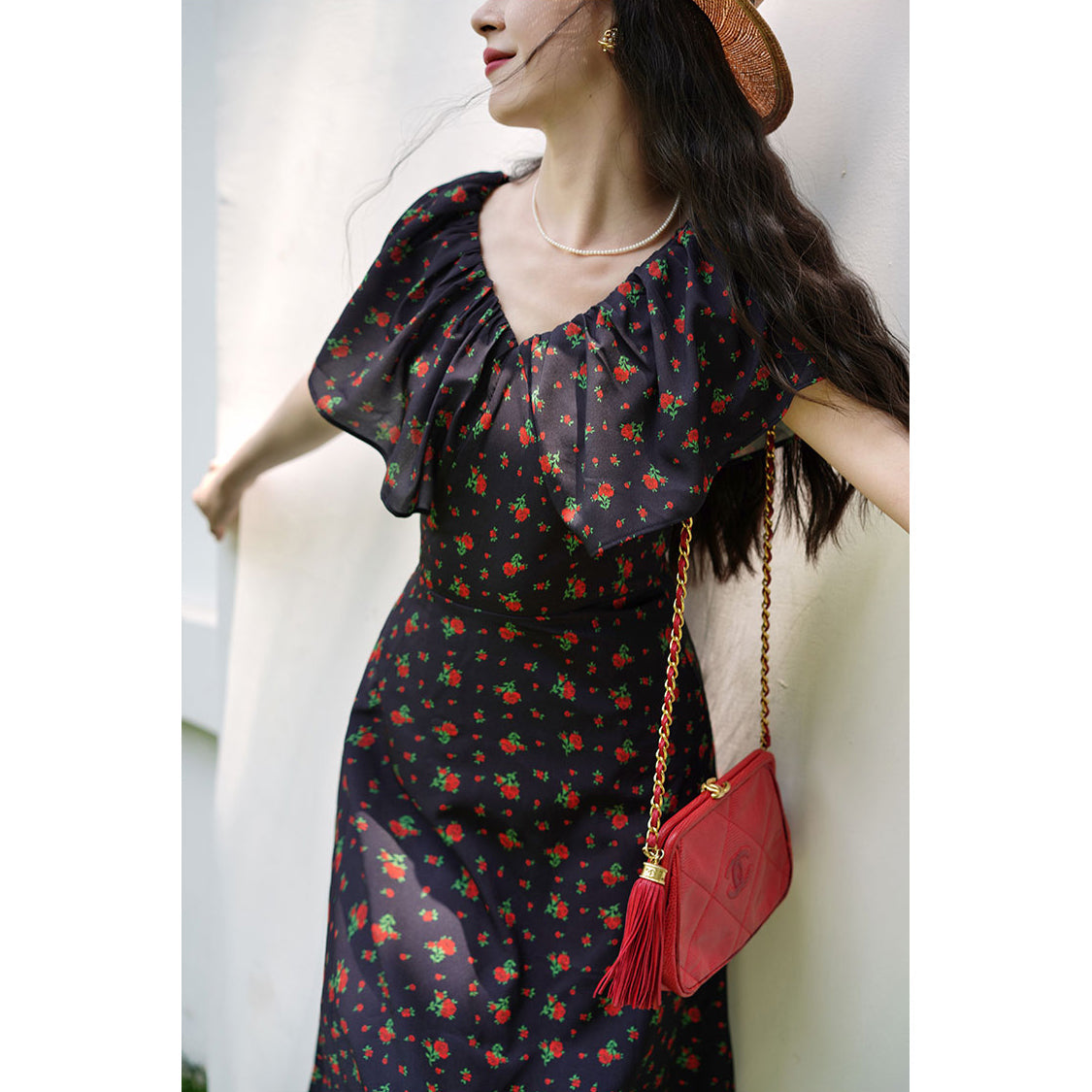 Black ink flower crowd retro dress