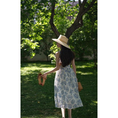 Blue ink flower pattern sleeveless dress