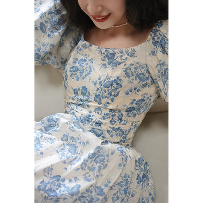 Blue ink flower pattern retro dress