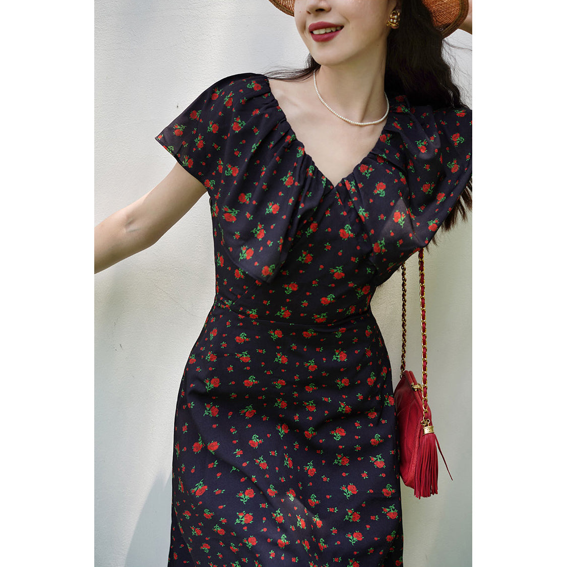 Black ink flower crowd retro dress