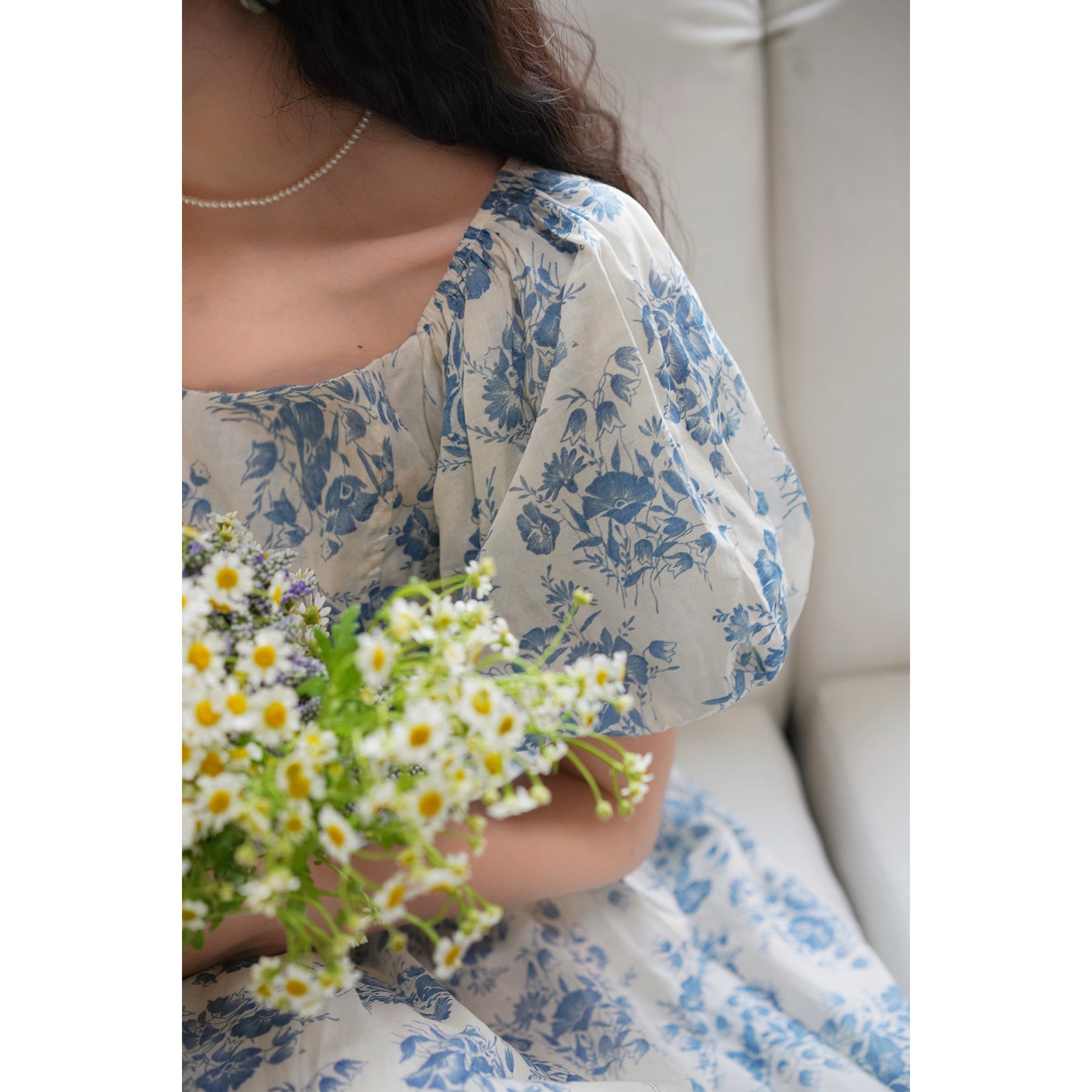 Blue ink flower pattern retro dress