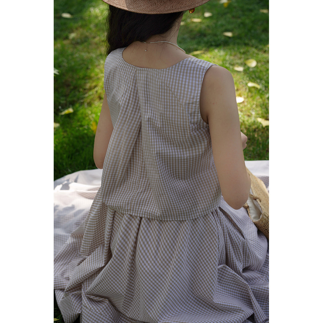 Light brown plaid French top and umbrella skirt