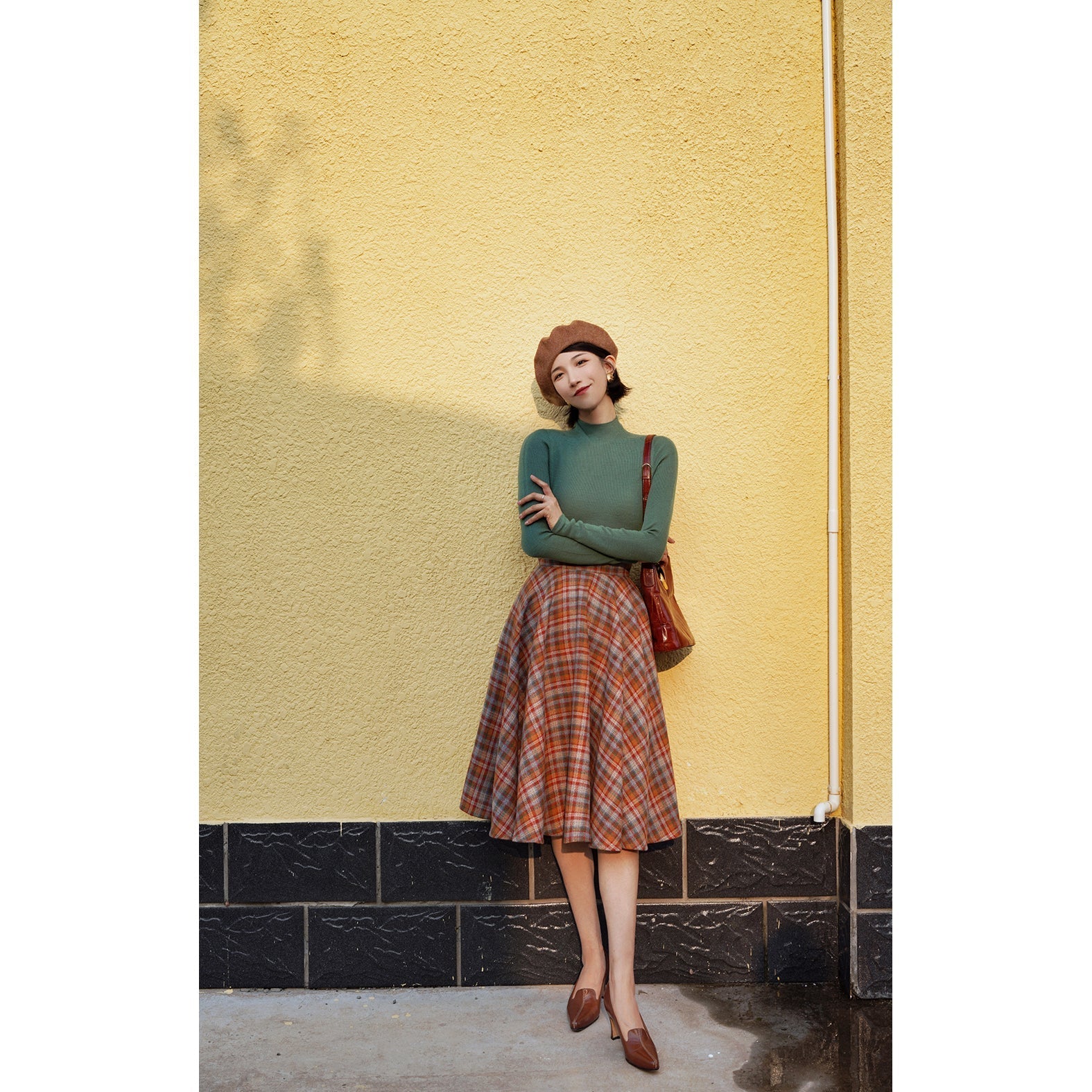 orange green plaid flare skirt