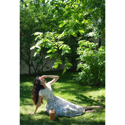 Blue ink flower pattern sleeveless dress