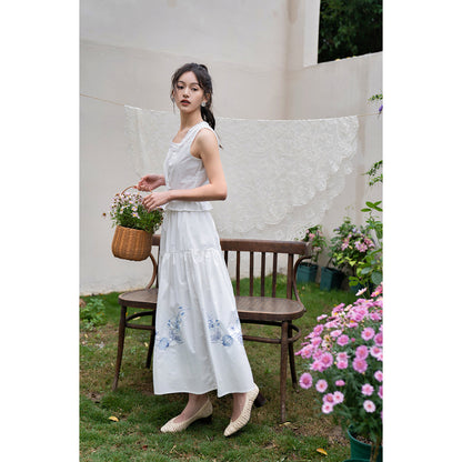 blue and white porcelain embroidered elastic waist A-line skirt