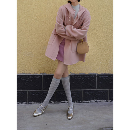 Cherry-colored wool oversized hood coat