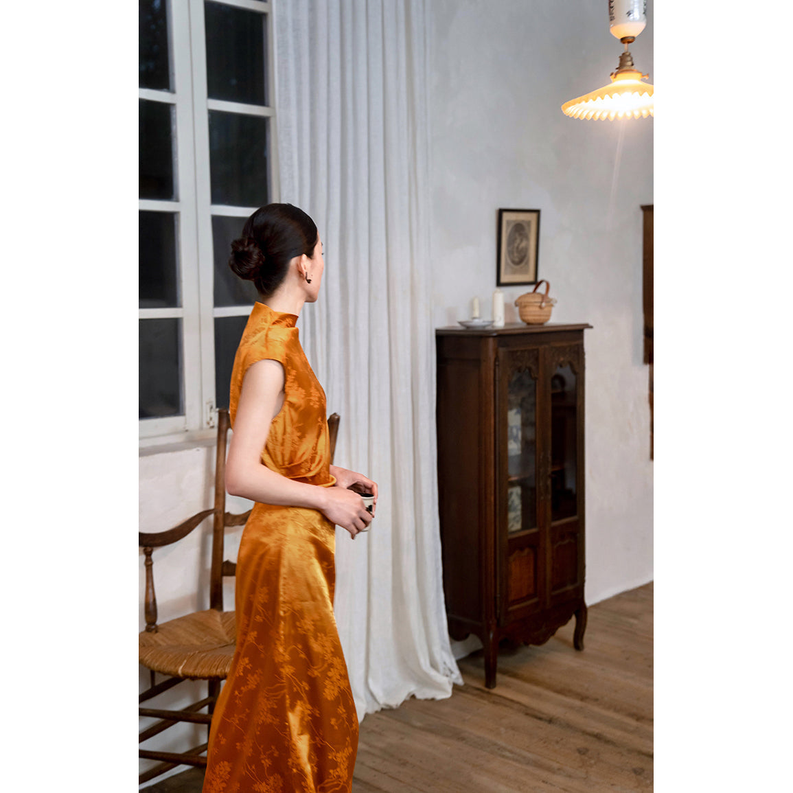 amber high collar jacquard satin cheongsam slim dress