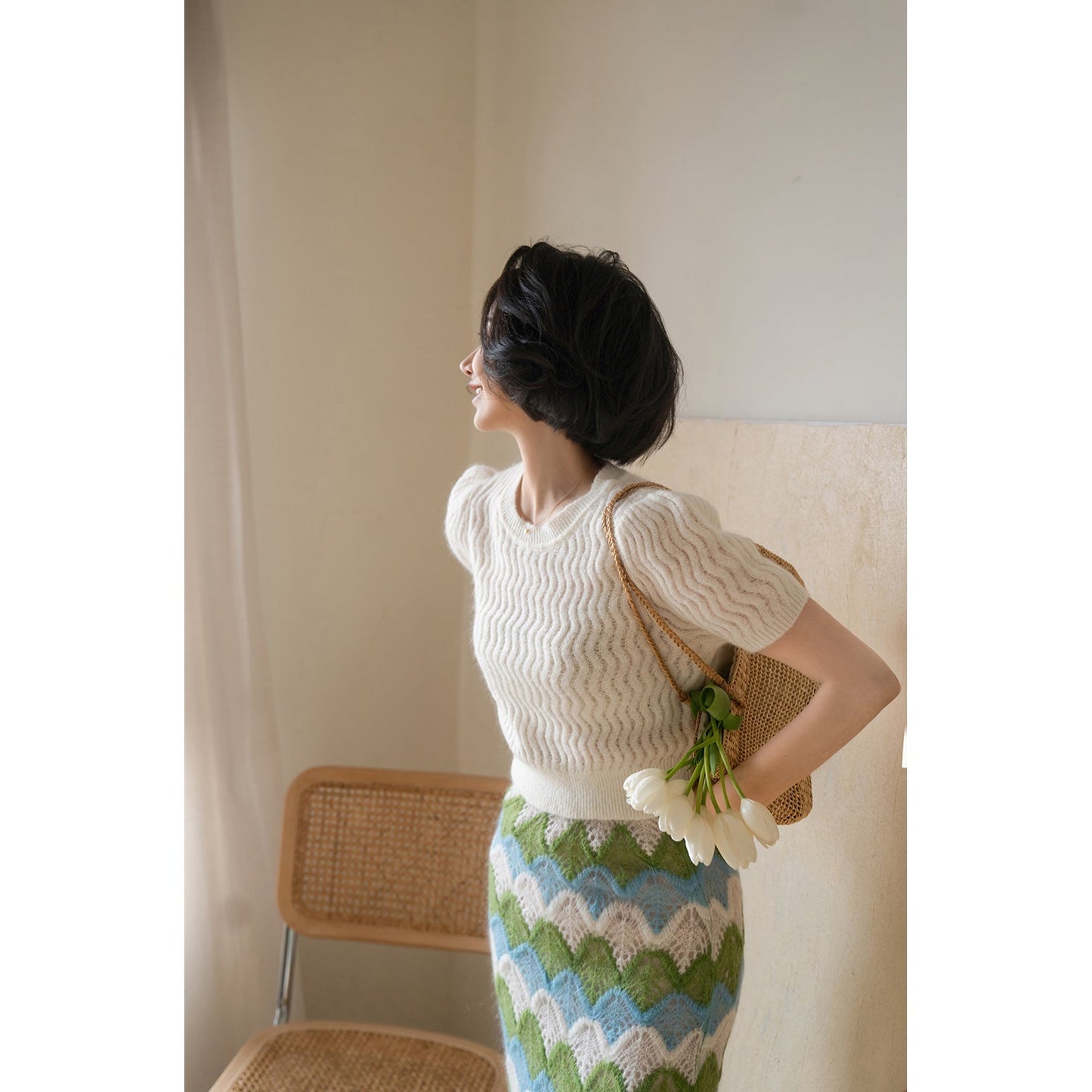 Geometric pattern mohair straight skirt