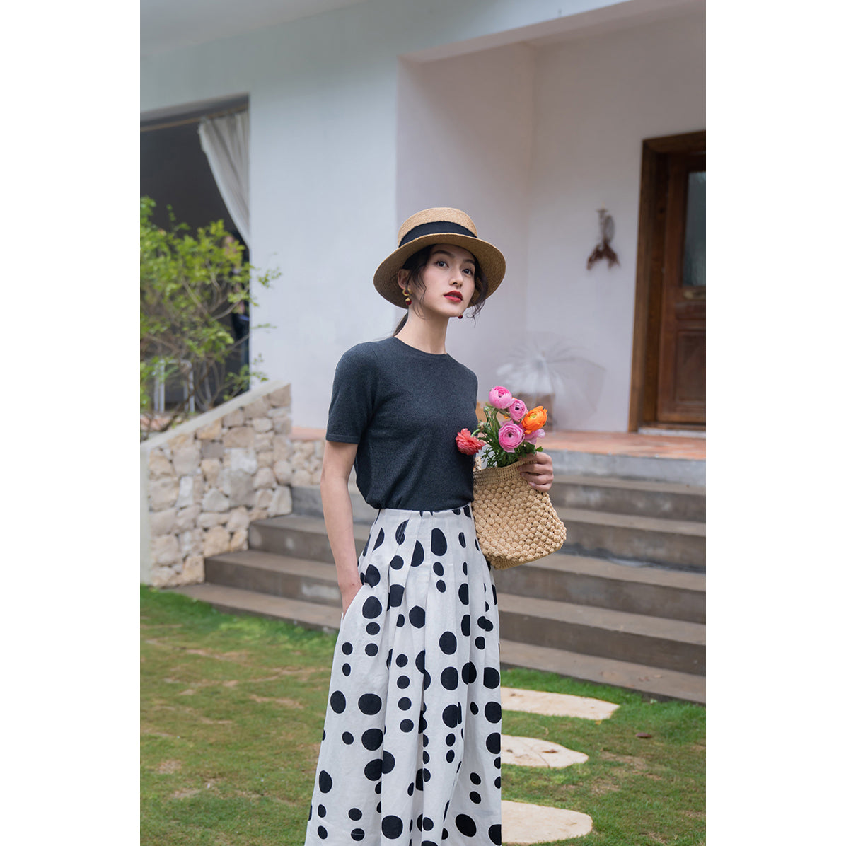 Black and white polka dot long skirt