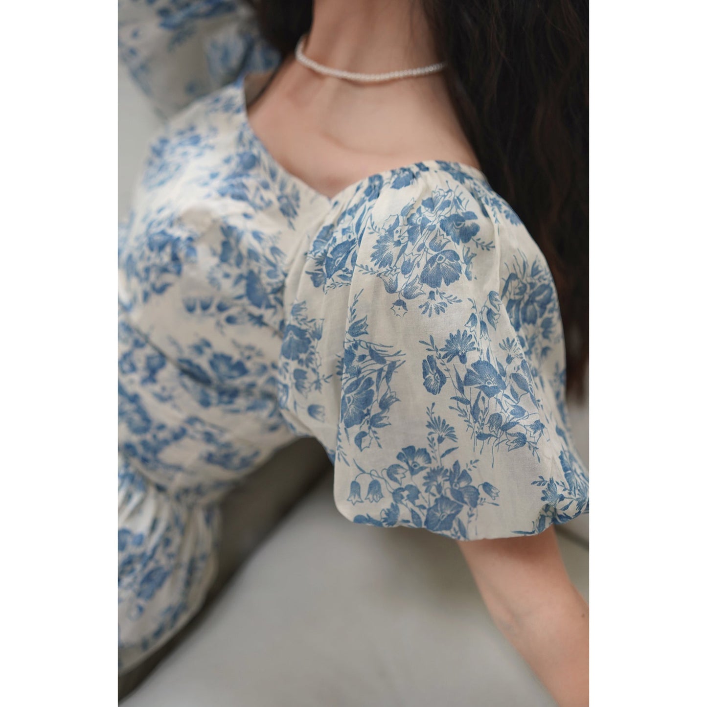 Blue ink flower pattern retro dress