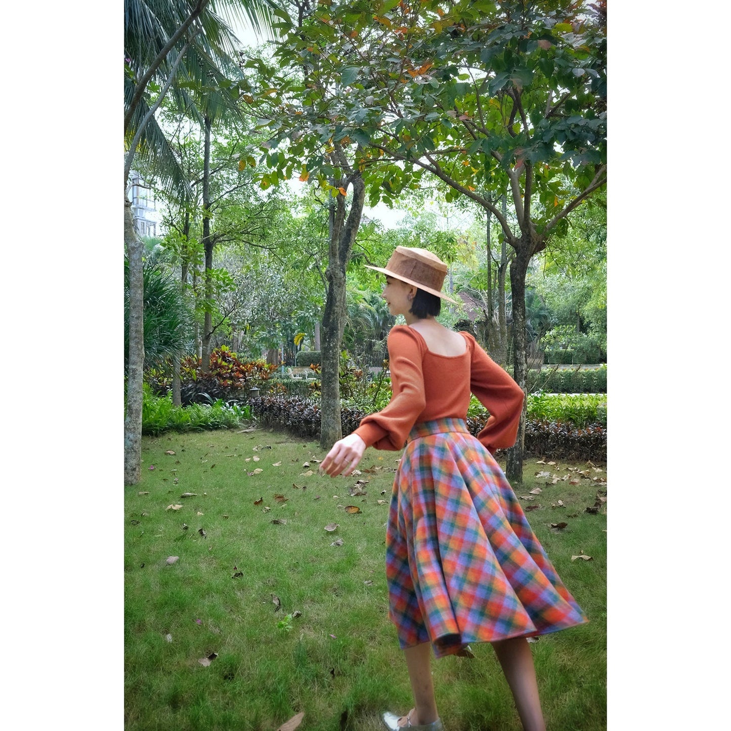 Rainbow plaid retro umbrella skirt