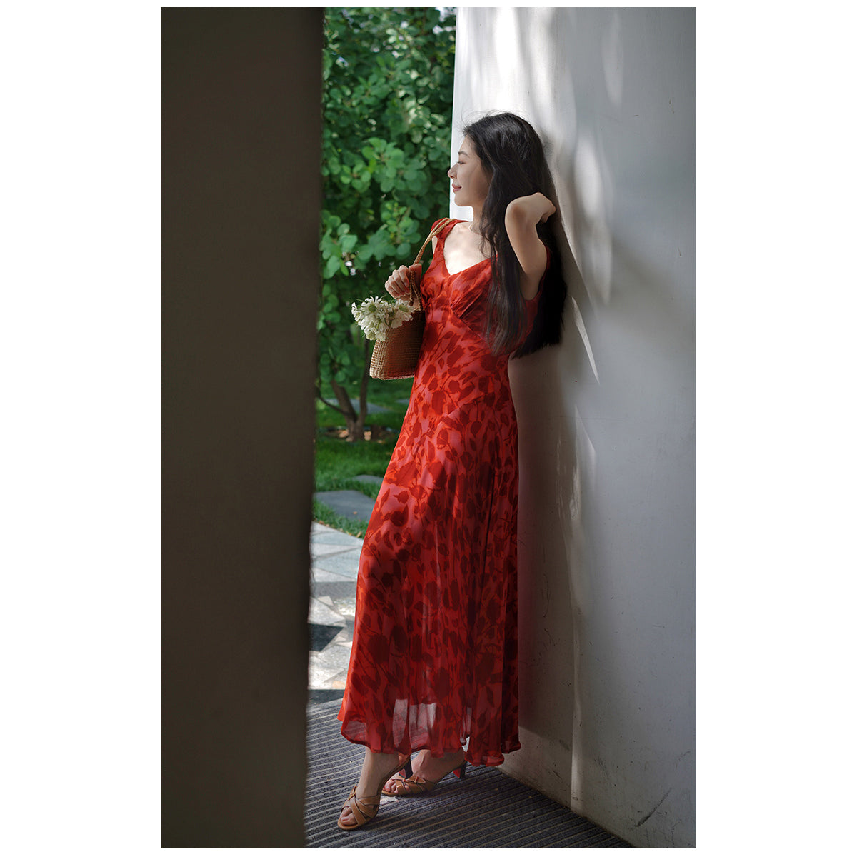 Crimson rose flower shadow dress