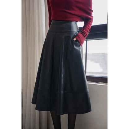 Jet-black lady's high-waisted leather skirt