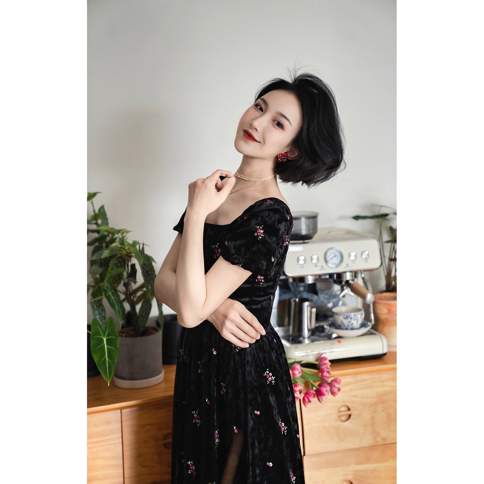 Dark night flower embroidery corset dress