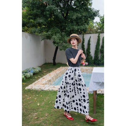 Black and white polka dot long skirt