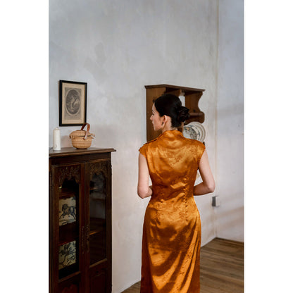 amber high collar jacquard satin cheongsam slim dress