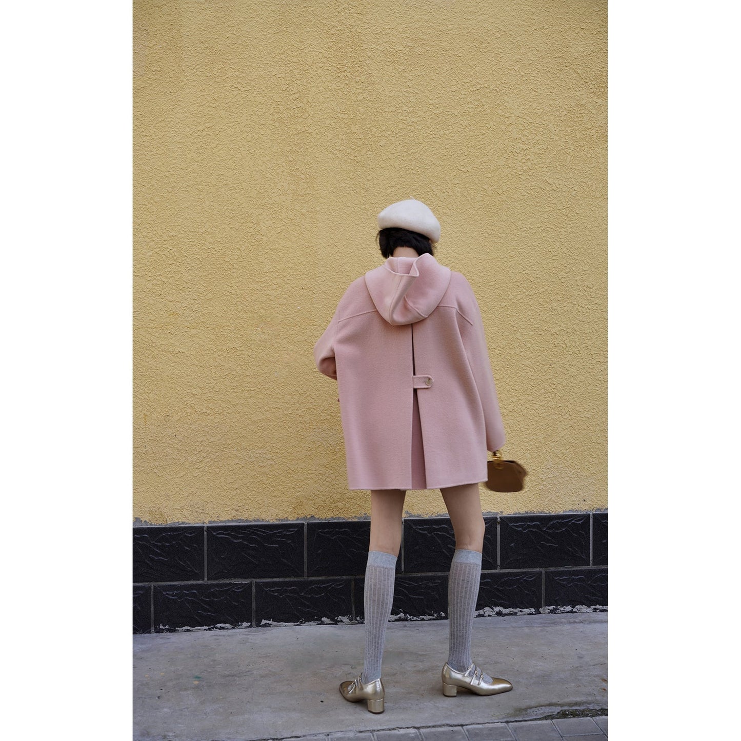 Cherry-colored wool oversized hood coat