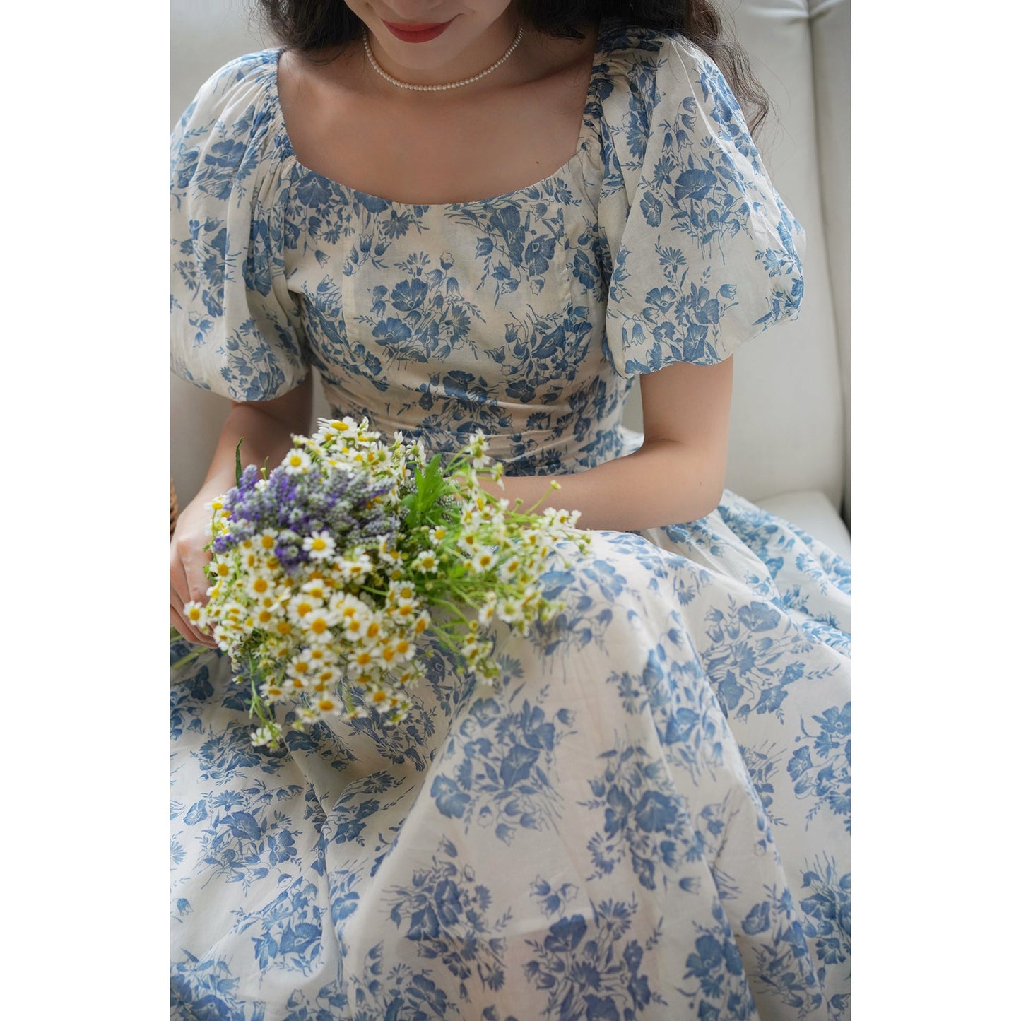 Blue ink flower pattern retro dress