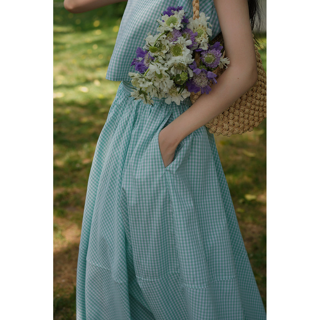 Patina plaid French top and umbrella skirt