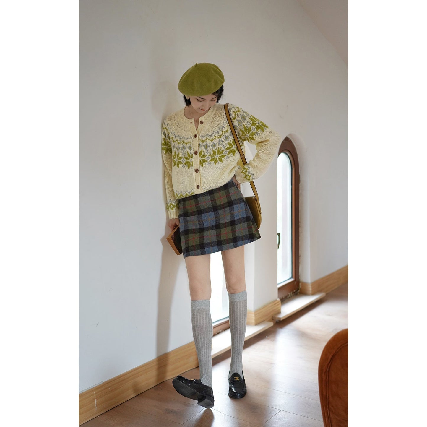 Ink green plaid wool tight skirt