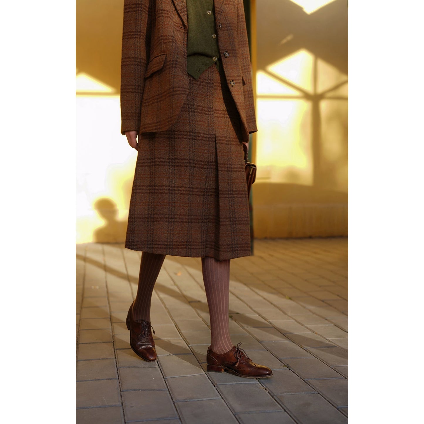 Mannish plaid retro wool jacket and wool skirt