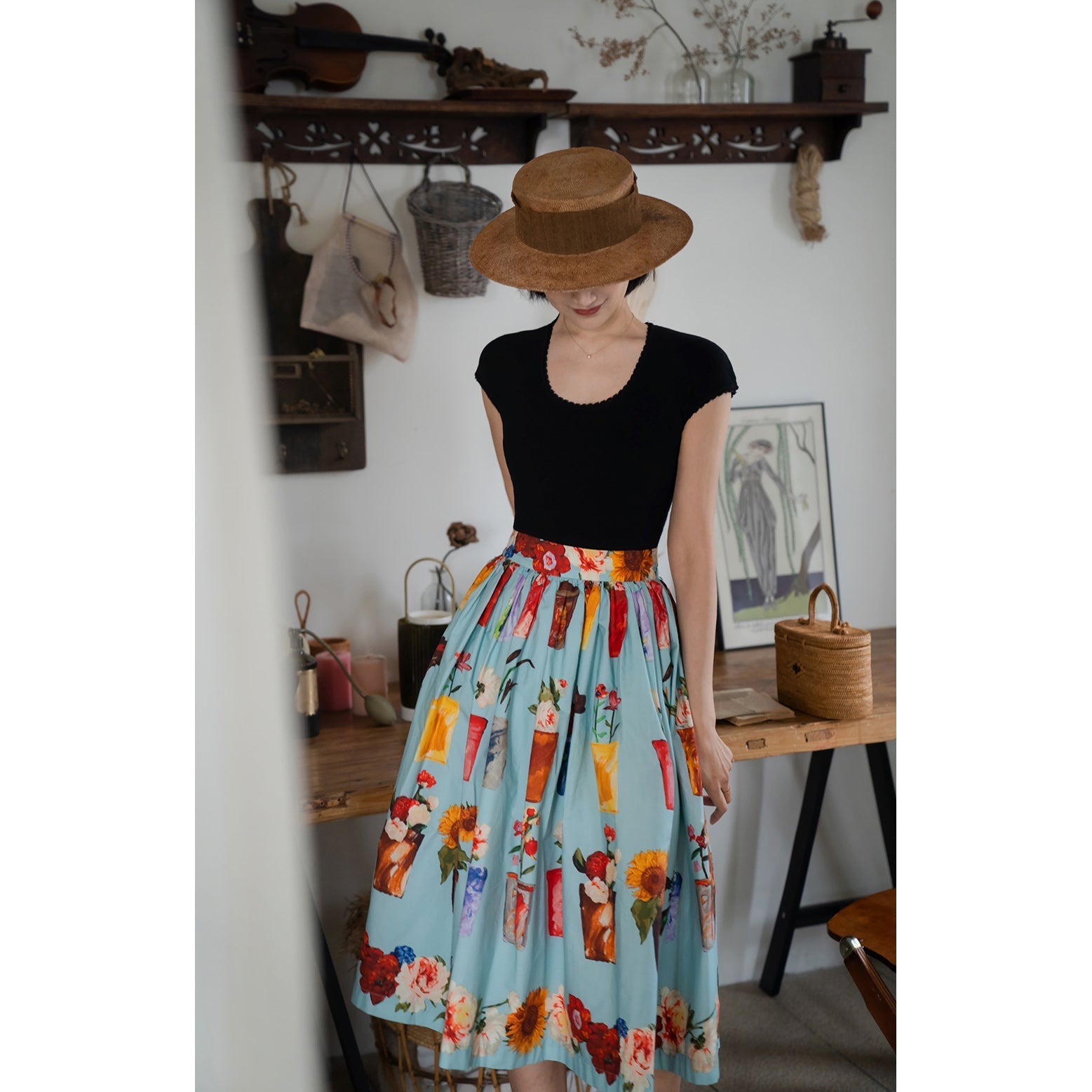 potted flower painting hepburn skirt