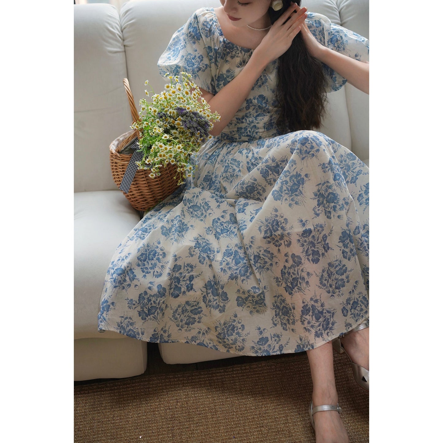 Blue ink flower pattern retro dress