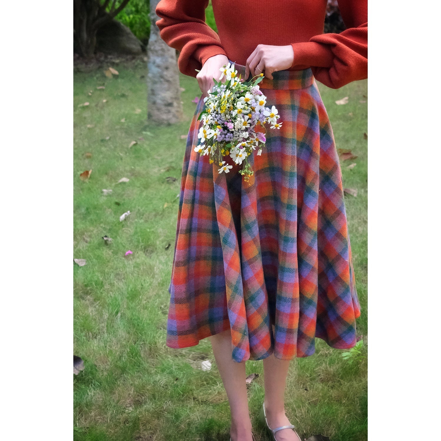 Rainbow plaid retro umbrella skirt