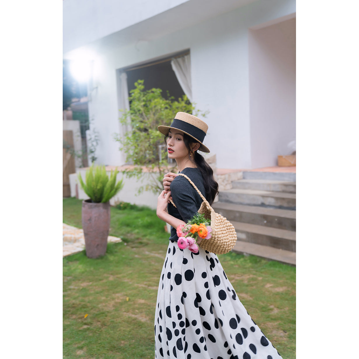 Black and white polka dot long skirt