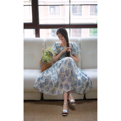 Blue ink flower pattern retro dress