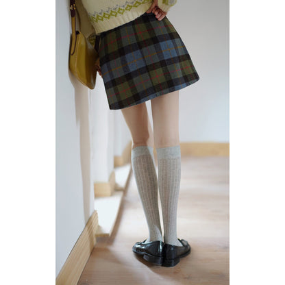 Ink green plaid wool tight skirt