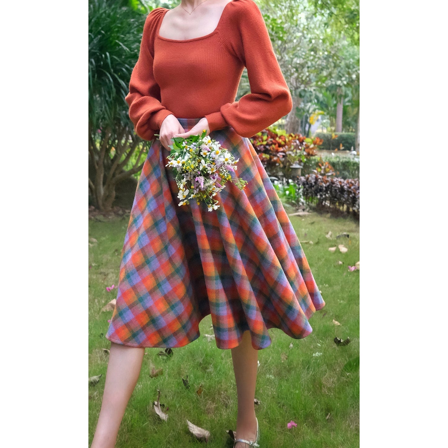 Rainbow plaid retro umbrella skirt