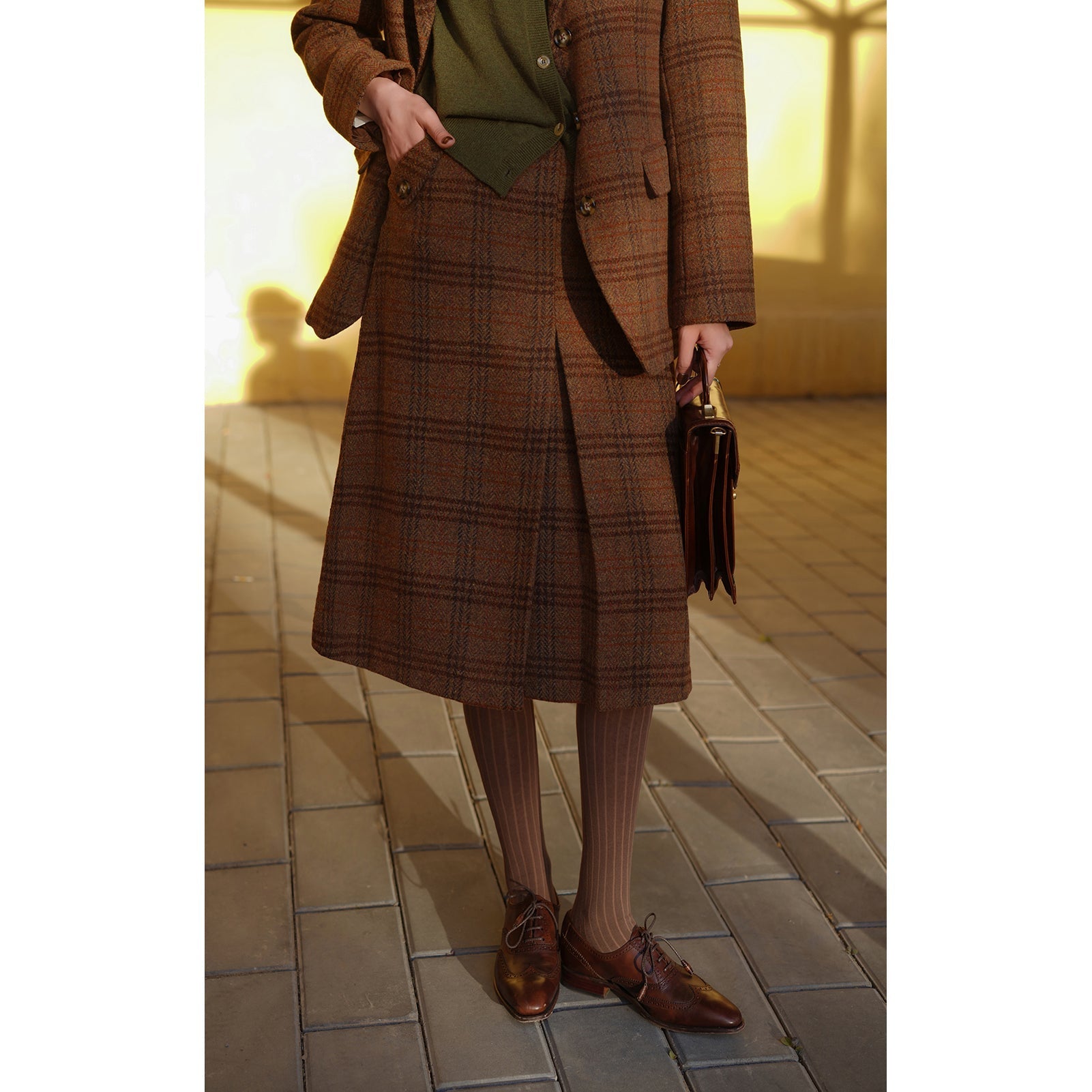 Mannish plaid retro wool jacket and wool skirt