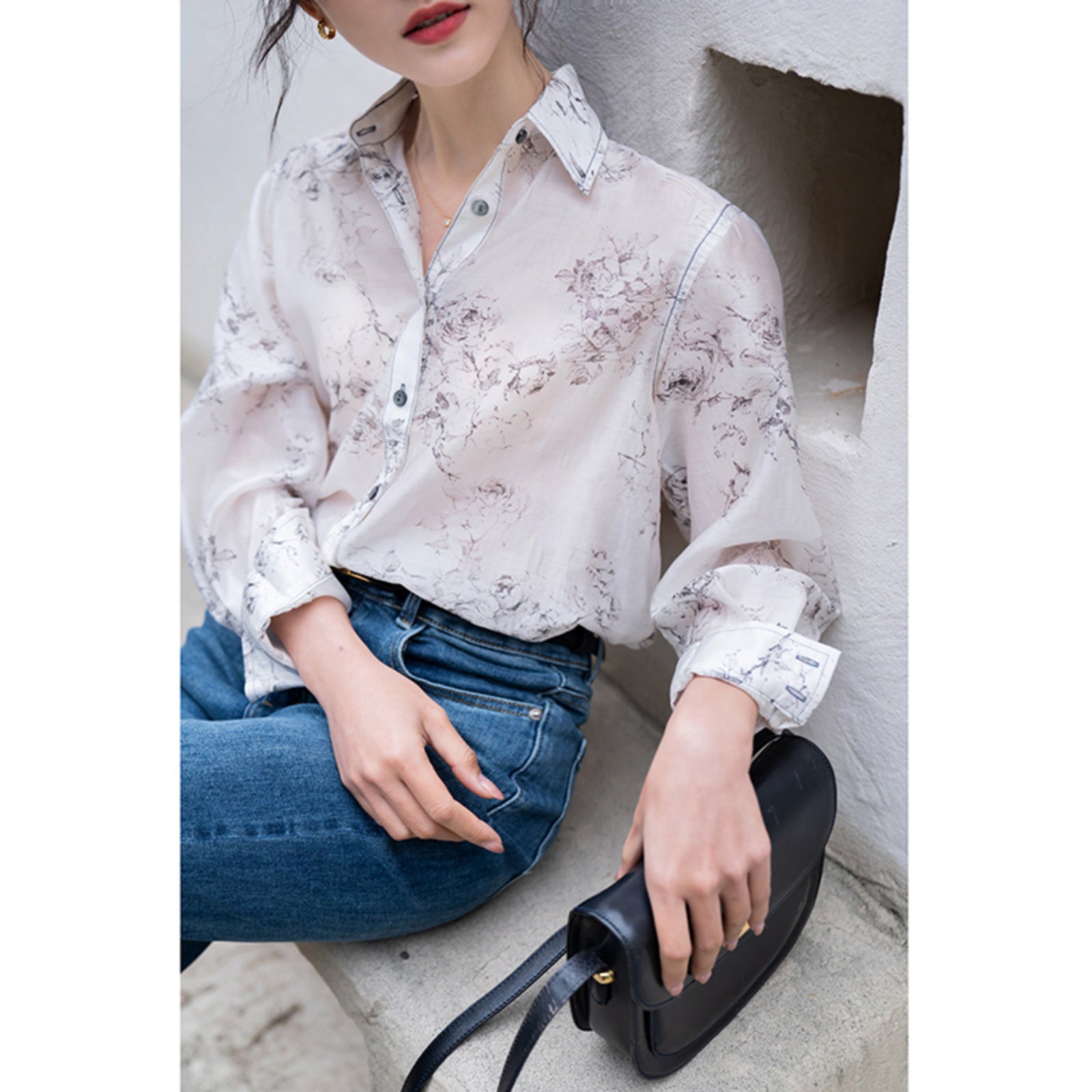 rose flower ink painting blouse