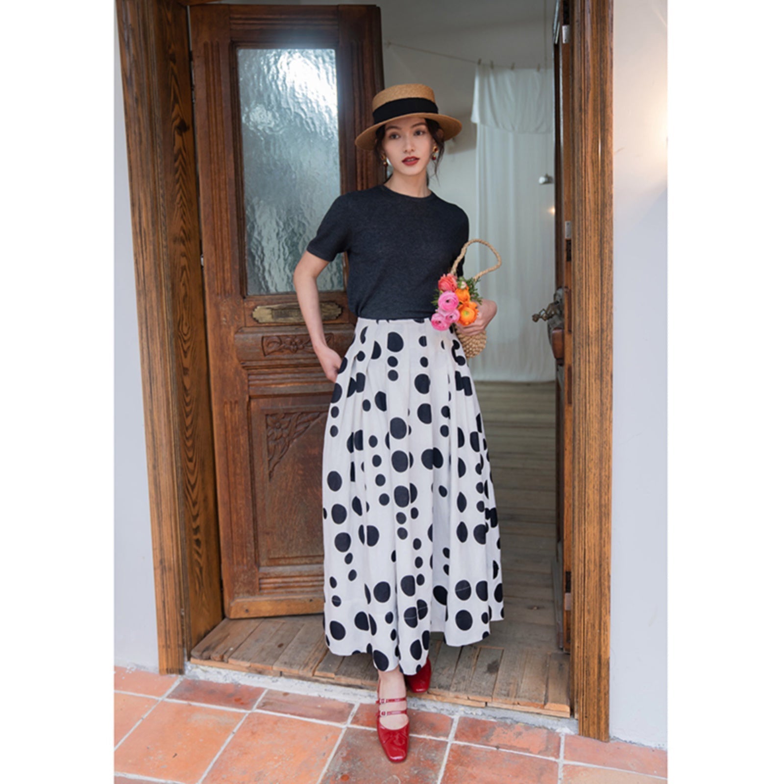 Black and white polka dot long skirt