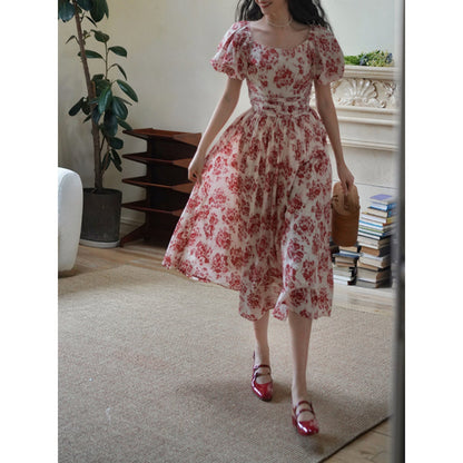 Red flower pattern retro dress