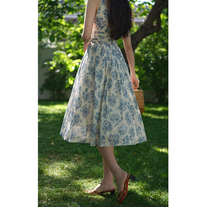 Blue ink flower pattern sleeveless dress